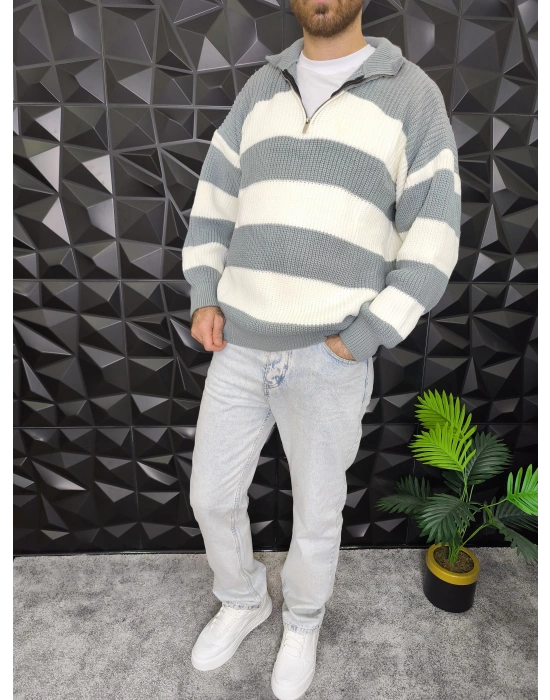 Yarım Fermuarlı Şeritli Örme Kazak Gri