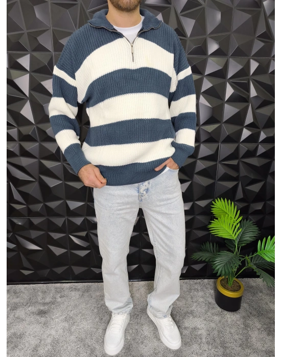 Yarım Fermuarlı Şeritli Örme Kazak İndigo