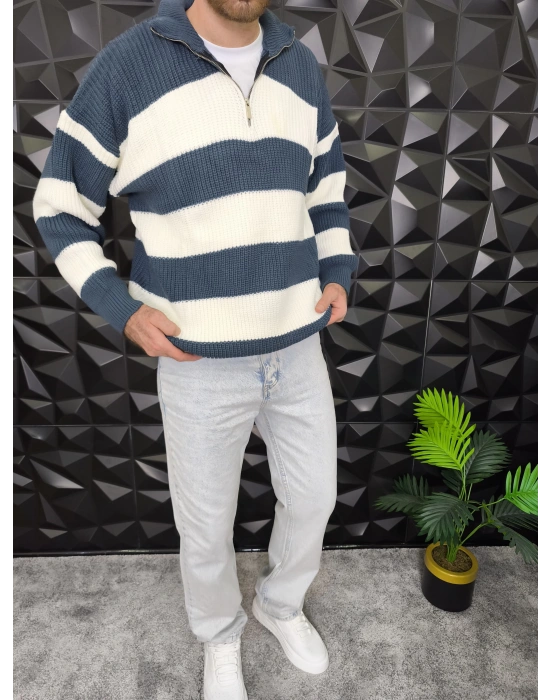 Yarım Fermuarlı Şeritli Örme Kazak İndigo