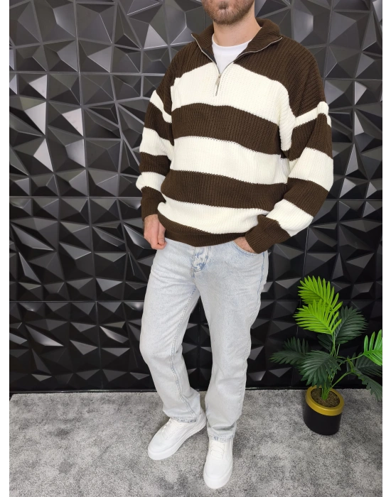 Yarım Fermuarlı Şeritli Örme Kazak Kahverengi