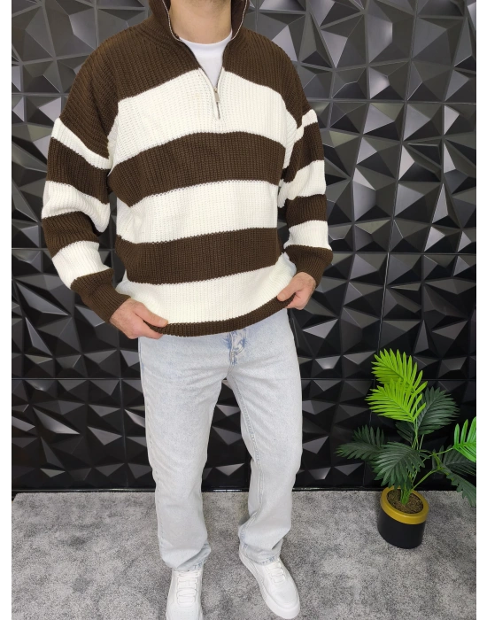 Yarım Fermuarlı Şeritli Örme Kazak Kahverengi