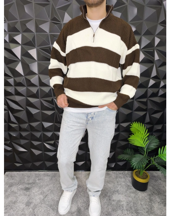 Yarım Fermuarlı Şeritli Örme Kazak Kahverengi