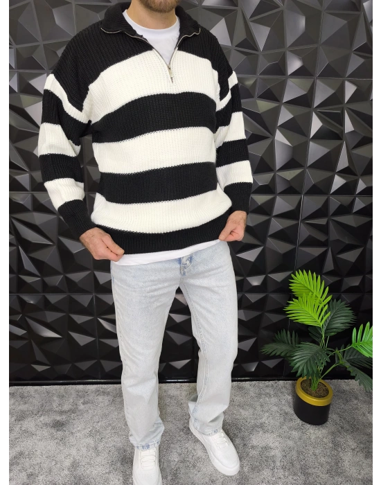 Yarım Fermuarlı Şeritli Örme Kazak Siyah