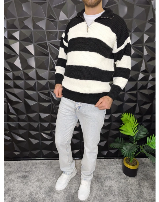 Yarım Fermuarlı Şeritli Örme Kazak Siyah