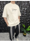 Bej Hope Nakış Kdife Patchli Oversize T-shirt
