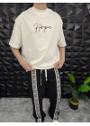 Bej Hope Nakış Kdife Patchli Oversize T-shirt