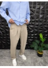 Beli Lastikli Pileli Baggy Kalıp Kumaş Pantolon Bej