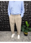 Beli Lastikli Pileli Baggy Kalıp Kumaş Pantolon Bej