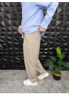 Beli Lastikli Pileli Baggy Kalıp Kumaş Pantolon Bej