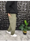 Beli Lastikli Pileli Baggy Kalıp Kumaş Pantolon Haki