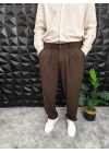 Beli Lastikli Pileli Baggy Kalıp Kumaş Pantolon Kahverengi