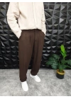 Beli Lastikli Pileli Baggy Kalıp Kumaş Pantolon Kahverengi