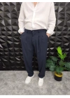 Beli Lastikli Pileli Baggy Kalıp Kumaş Pantolon Lacivert