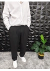 Beli Lastikli Pileli Baggy Kalıp Kumaş Pantolon Siyah