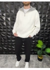 Çift Katlı Yaka Yarım Fermuarlı Örme Kazak Beyaz