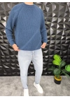 Çizgi Detaylı Örme Kazak İndigo