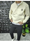 Dik Yaka Çıtçıt Detaylı 3 İplik Şardonlu Sweatshirt Ekru