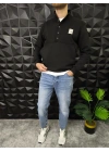 Dik Yaka Çıtçıt Detaylı 3 İplik Şardonlu Sweatshirt Siyah
