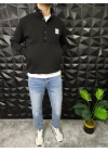 Dik Yaka Çıtçıt Detaylı 3 İplik Şardonlu Sweatshirt Siyah