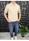 Dikey Çizgili Polo Yaka Triko T-Shirt Bej