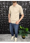 Dikey Çizgili Polo Yaka Triko T-Shirt Bej