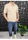 Dikey Çizgili Polo Yaka Triko T-Shirt Bej