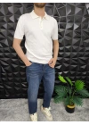 Dikey Çizgili Polo Yaka Triko T-Shirt Beyaz