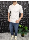 Dikey Çizgili Polo Yaka Triko T-Shirt Beyaz