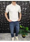 Dikey Çizgili Polo Yaka Triko T-Shirt Beyaz