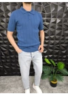 Dikey Çizgili Polo Yaka Triko T-Shirt Petrol Mavisi