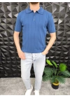 Dikey Çizgili Polo Yaka Triko T-Shirt Petrol Mavisi