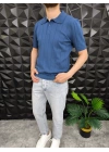 Dikey Çizgili Polo Yaka Triko T-Shirt Petrol Mavisi