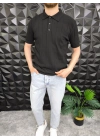 Dikey Çizgili Polo Yaka Triko T-Shirt Siyah