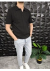 Dikey Çizgili Polo Yaka Triko T-Shirt Siyah