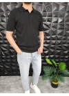 Dikey Çizgili Polo Yaka Triko T-Shirt Siyah