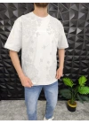 GRİ Şal Deseni Kabartmalı baskı Oversize T-Shirt