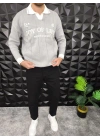 Nakış Detaylı Polo Yaka Triko Gri