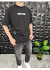 Siyah Dont Stop Kabartmalı baskı Oversize T-Shirt