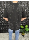 Siyah Şal Deseni Kabartmalı baskı Oversize T-Shirt