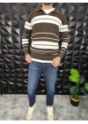 V Yaka Çizgili Triko Kahverengi
