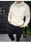 Yarım Fermuarlı 3 İplik Şardonlu Sweatshirt Ekru