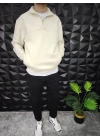 Yarım Fermuarlı 3 İplik Şardonlu Sweatshirt Ekru