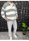 Yarım Fermuarlı Şeritli Örme Kazak Gri