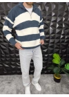Yarım Fermuarlı Şeritli Örme Kazak İndigo