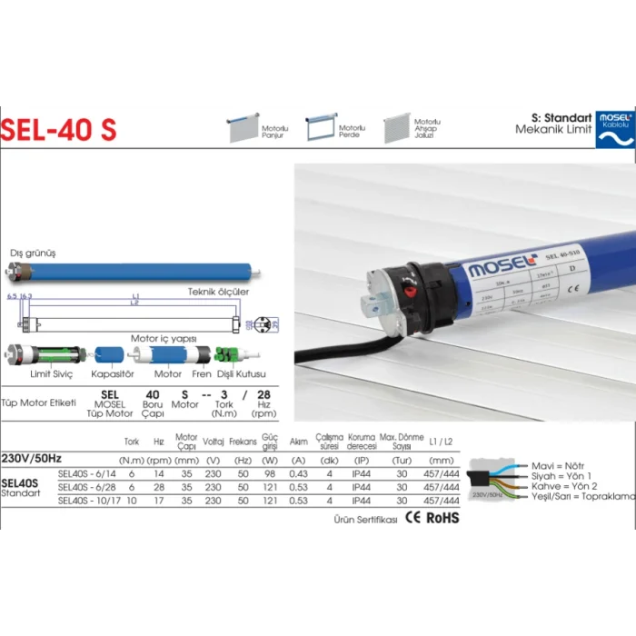 Mosel Sel 40 S 6NM/14RPM Düz Tüp Motor – Perde ve Jaluzi Motoru