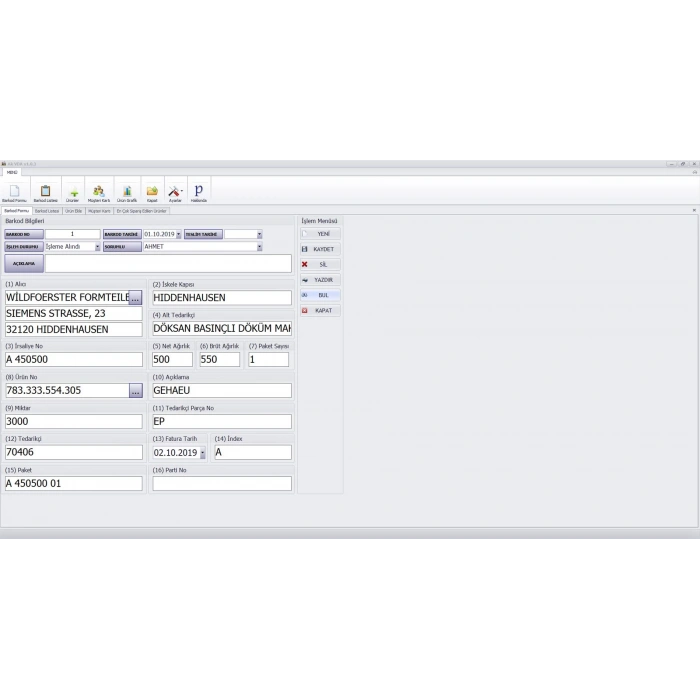 Ak VDA - VDA Program Barkod Formu (VDA 4902)