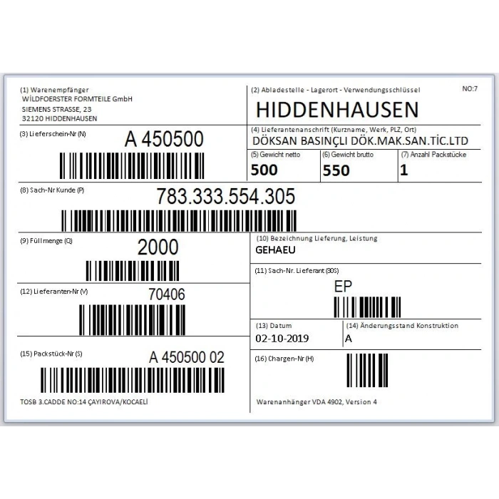 Ak VDA - VDA Program Barkod Formu (VDA 4902)