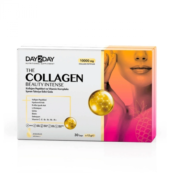 DAY2DAY THE COLLAGEN BEAUTY INTENSE KOLLAJEN PEPTITLERI VE VITAMIN KOMPLEKS ICEREN ANANAS AROMALI TAKVIYE EDICI GIDA 10000 mg 30x12 g saşe
