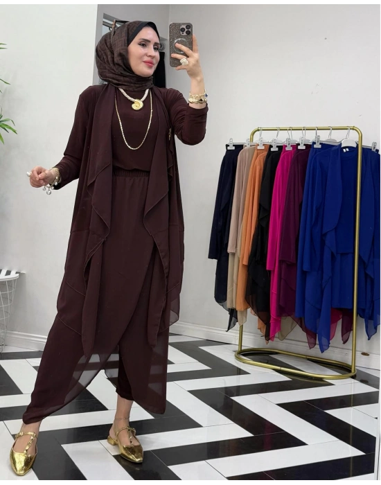 3’lü Takım Şık Tesettür Elbise – Candy Kumaş Kahverengi