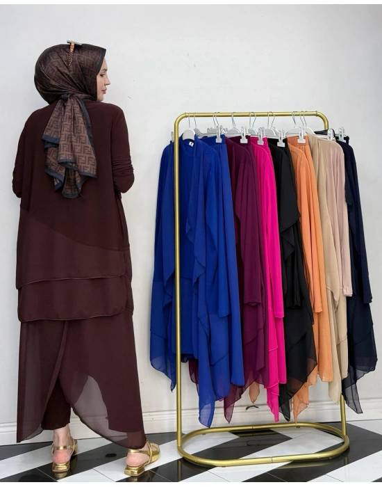 3’lü Takım Şık Tesettür Elbise – Candy Kumaş Kahverengi